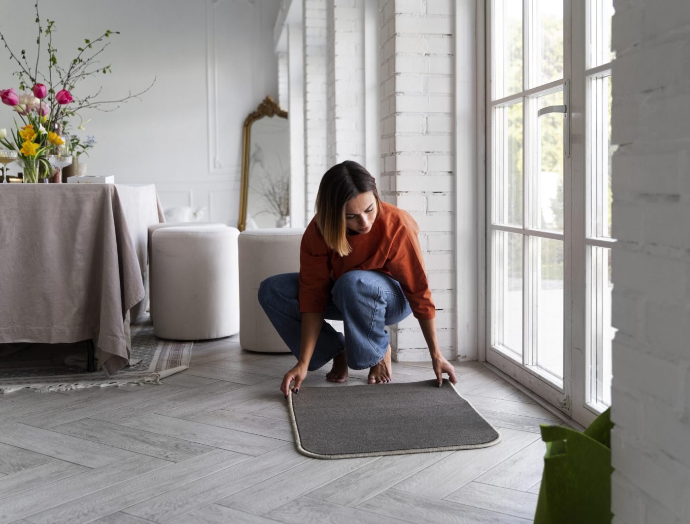 full-shot-woman-decorating-front-door full-shot-woman-decorating-front-door